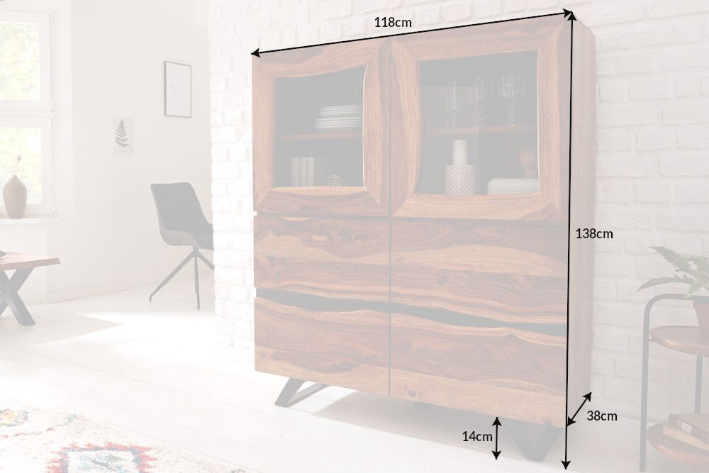Massives Highboard AMAZONAS 140cm braun Sheeshamholz Vitrine mit Baumkante