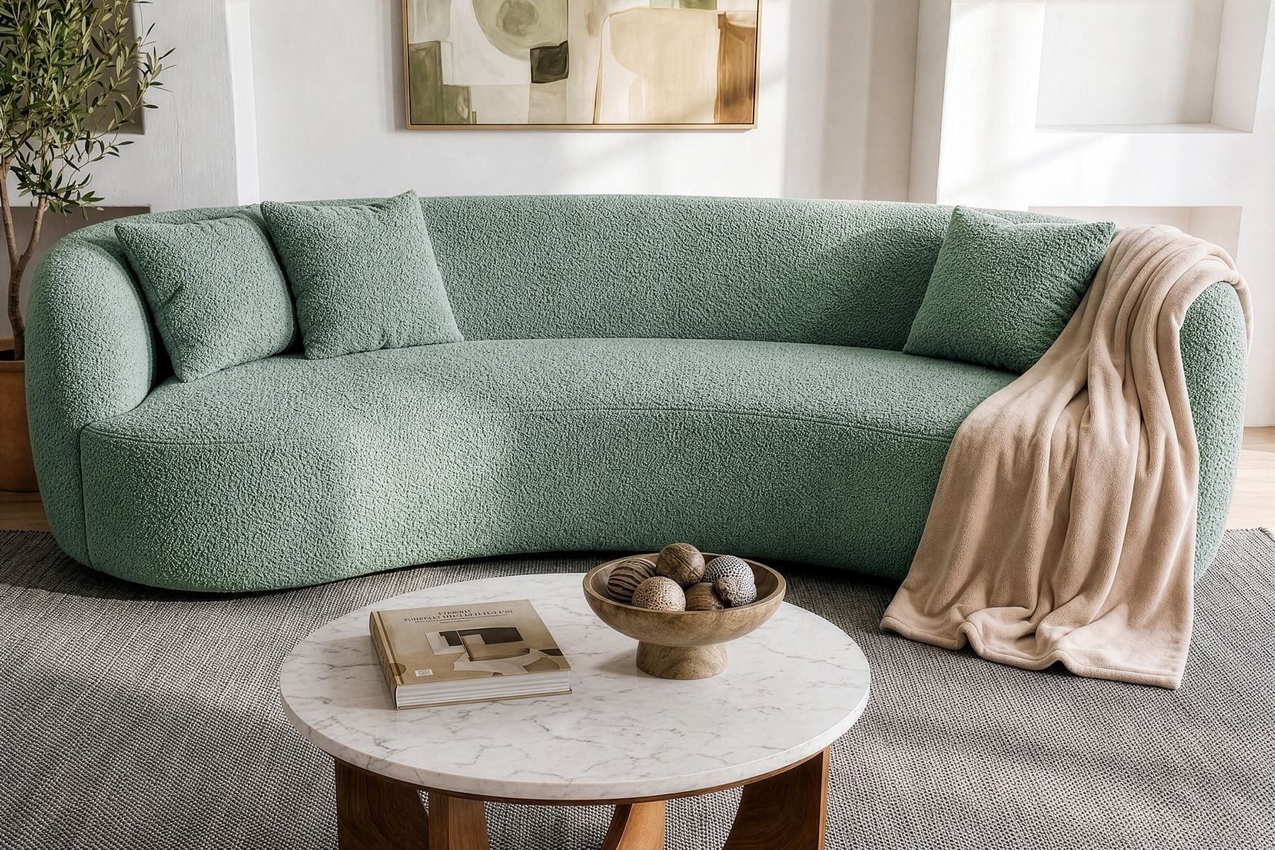 Organisches Sofa ATELIER 230cm salbei Bouclé 3-Sitzer Couch inkl. Kissen