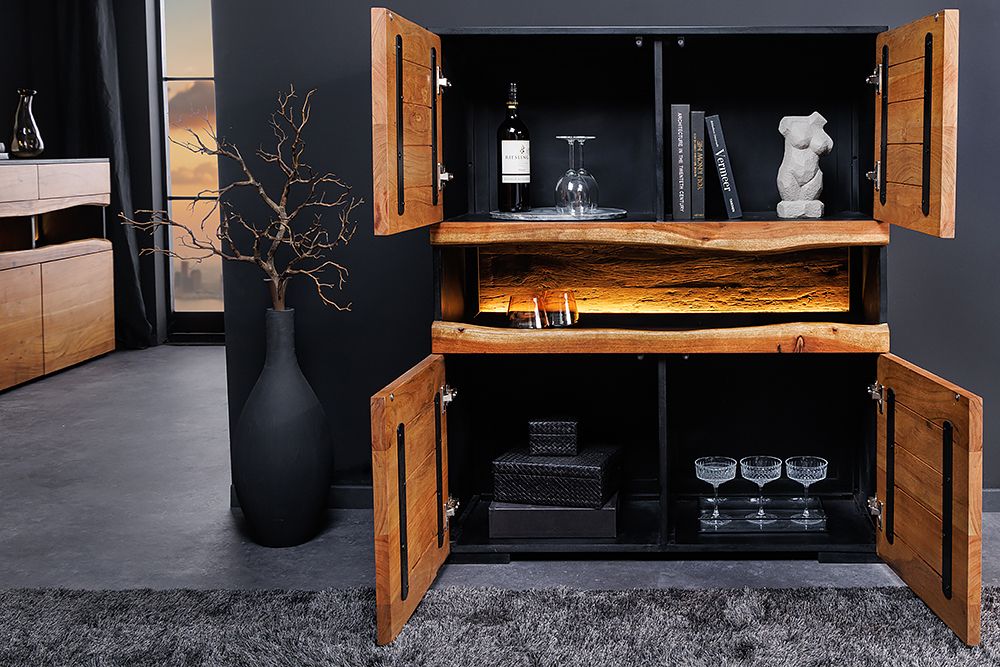 Massivholz Highboard GRAND ACACIA 120cm braun Akazie mit LED-Beleuchtung Baumkante