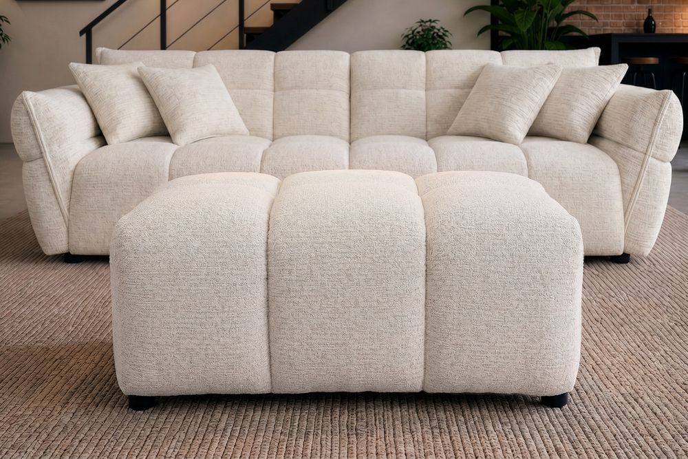 Moderner Hocker CLOUD 100cm beige Bouclé Tweed Soft Federkern Fußhocker Sitzhocker