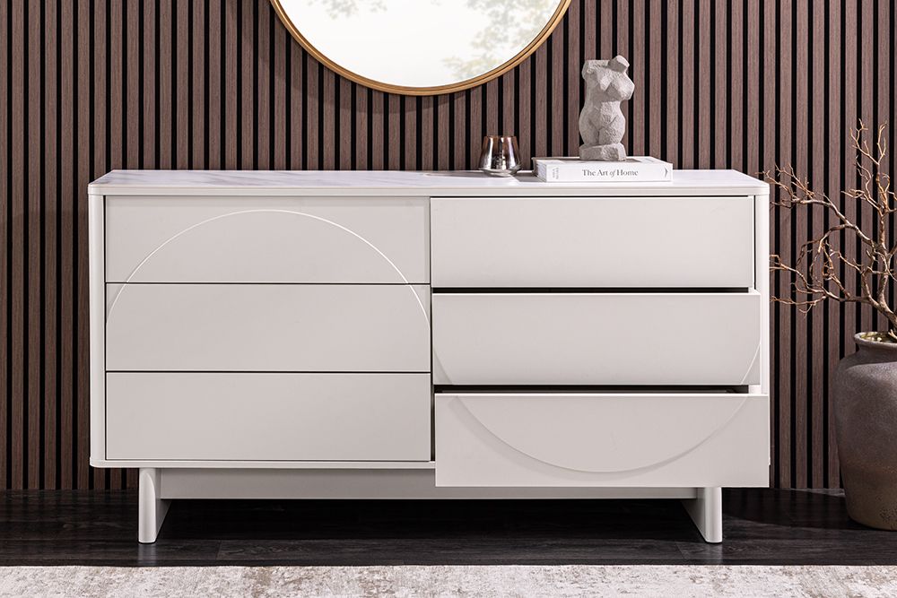 Design Sideboard SAVOY 150cm kaschmir weiß Marmor Keramik mit sechs Schubladen