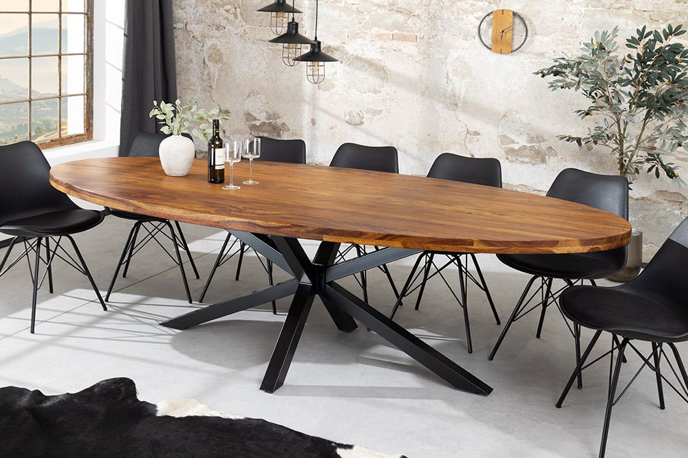 Massiver Esstisch GALAXIE 240cm natur Sheeshamholz oval Sterngestell schwarz