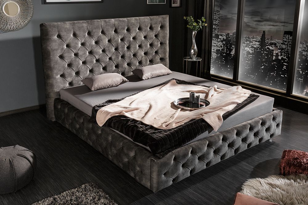 Design Doppelbett PARIS 160x200cm grau Samt Chesterfield Polsterbett