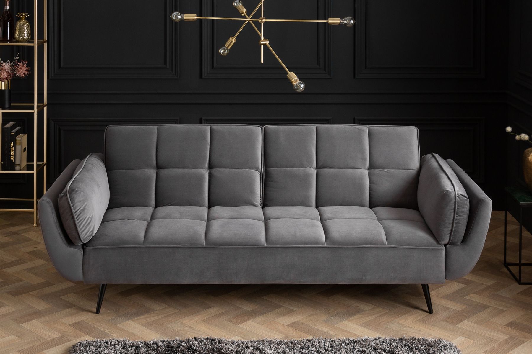 Retro Schlafsofa BOUTIQUE 215cm grau Samt 3-Sitzer mit schwarzen Füßen