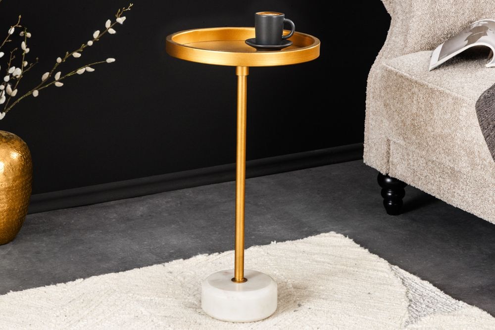 Runder Beistelltisch TRAYFUL 60cm gold Eisen weiß Marmorfuß handmade