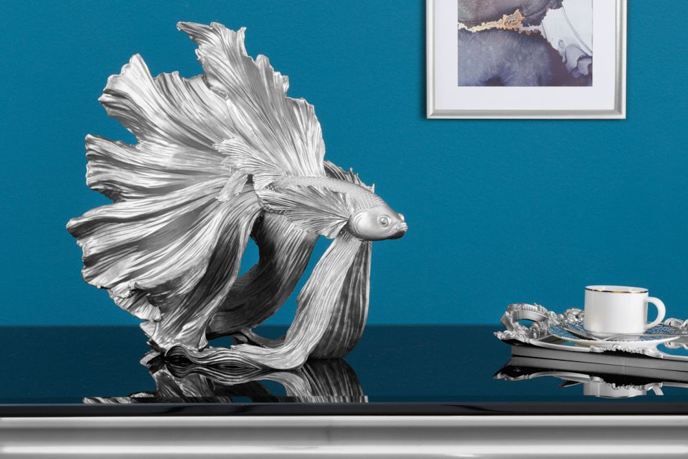 Design Deko Figur Kampffisch CROWNTAIL 35cm silber Betta Fisch Skulptur