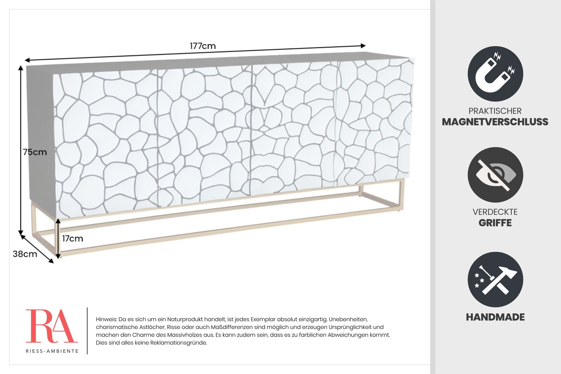 Massivholz Sideboard VULCANO 180cm weiß schwarz Mangoholz mit 3D Schnitzereien handmade Metallgestell gold