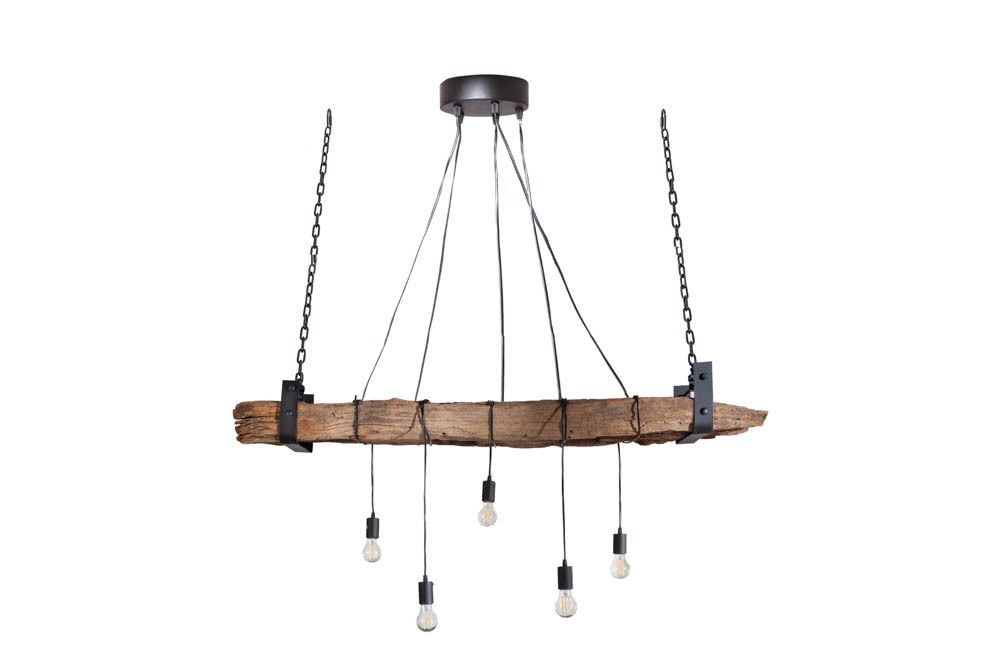 Industrial Hängelampe BARRACUDA 152cm recyceltes Massivholz mit 5 Leuchten