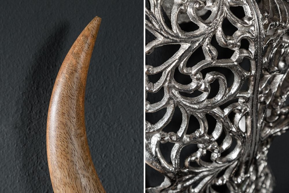 Extravagante Wanddekoration EXOTIC BULL 60cm silber Mangoholz Stierkopf