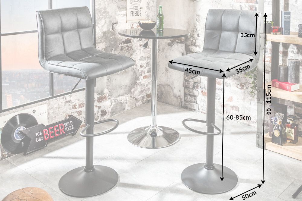 Höhenverstellbarer Barhocker MODENA vintage grau Microfaser Metall schwarz mit Lehne drehbar