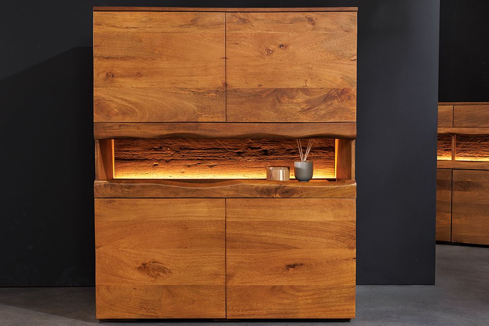 Massives Highboard GRAND 120cm braun Mangoholz mit LED-Beleuchtung