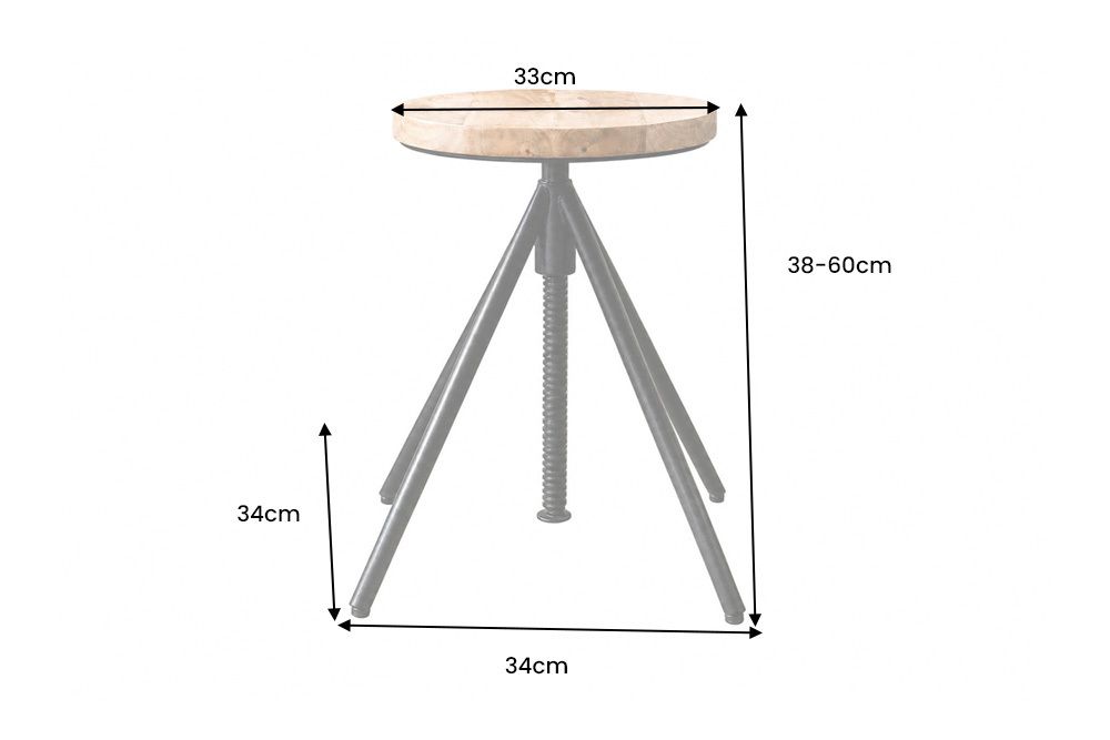 Höhenverstellbarer Hocker FACTORY 60cm natur Mangoholz Metall Sitzhocker