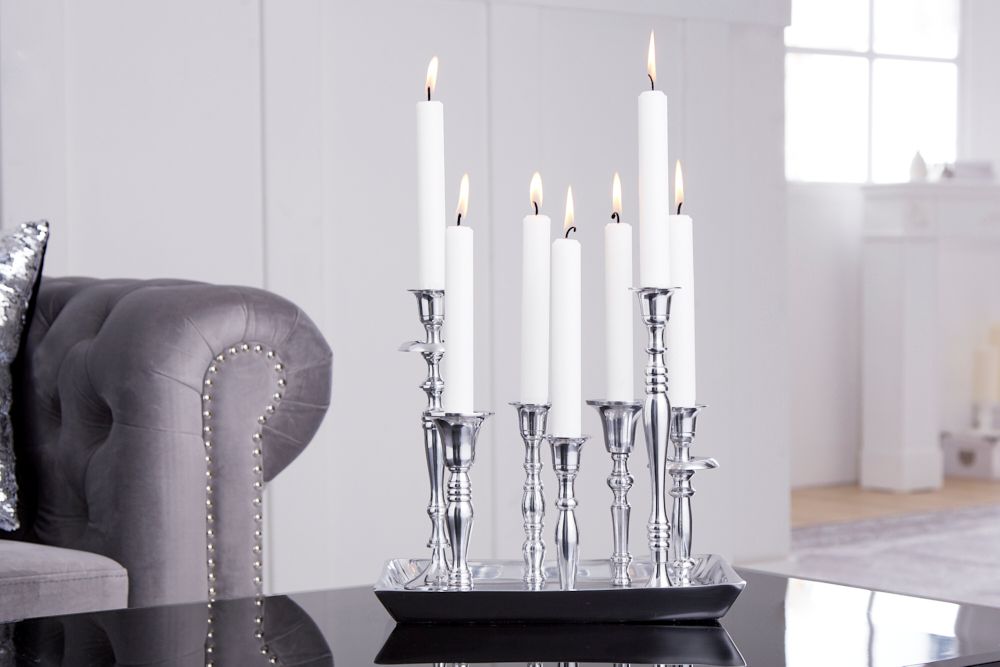 Kerzenständer MODERN BAROCK 30cm 7-flammig silber Aluminium poliert Kerzenhalter Deko-Platte