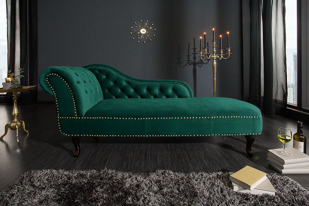 Design Récamière CHESTERFIELD 170cm smaragdgrün Samt Knopfheftung Nietenbesatz