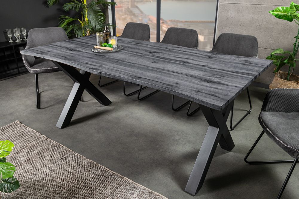 Ausziehbarer Esstisch WILD 180-220cm grau gekälkt Wildeichen-Design Baumkante schwarz