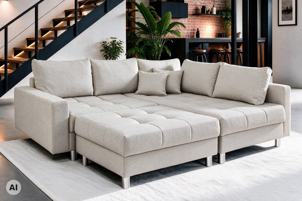 Wohnlandschaft KENT 220cm beige Strukturstoff  Ecksofa Federkern inkl. Hocker