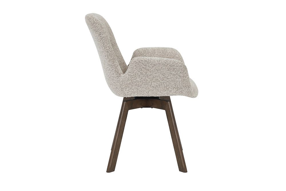 Drehbarer Design Stuhl BALTIC taupe Bouclé Tweed Soft Eiche Massivholz Walnuss