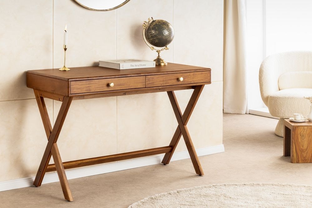 Stilvoller Konsolentisch SECRETARIO 110cm braun Akazie gold mit Schubladen