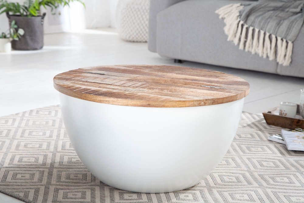 Runder Couchtisch INDUSTRIAL STORAGE 60cm weiß natur Mangoholz mit Stauraum handmade