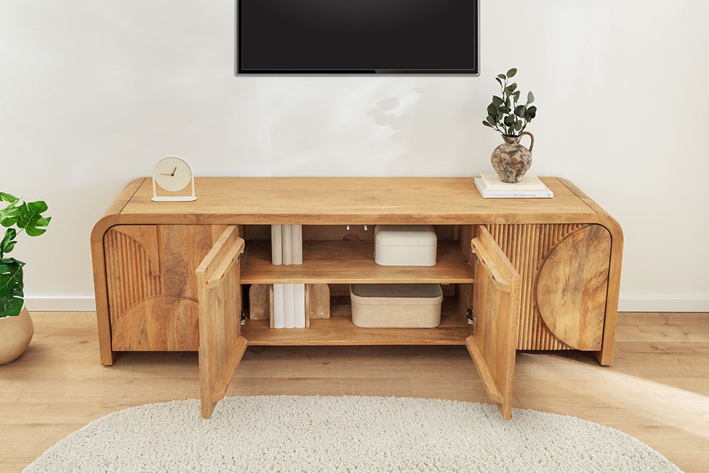 Massives TV-Board ART DECO 170cm cream finish beige Mangoholz abgerundet