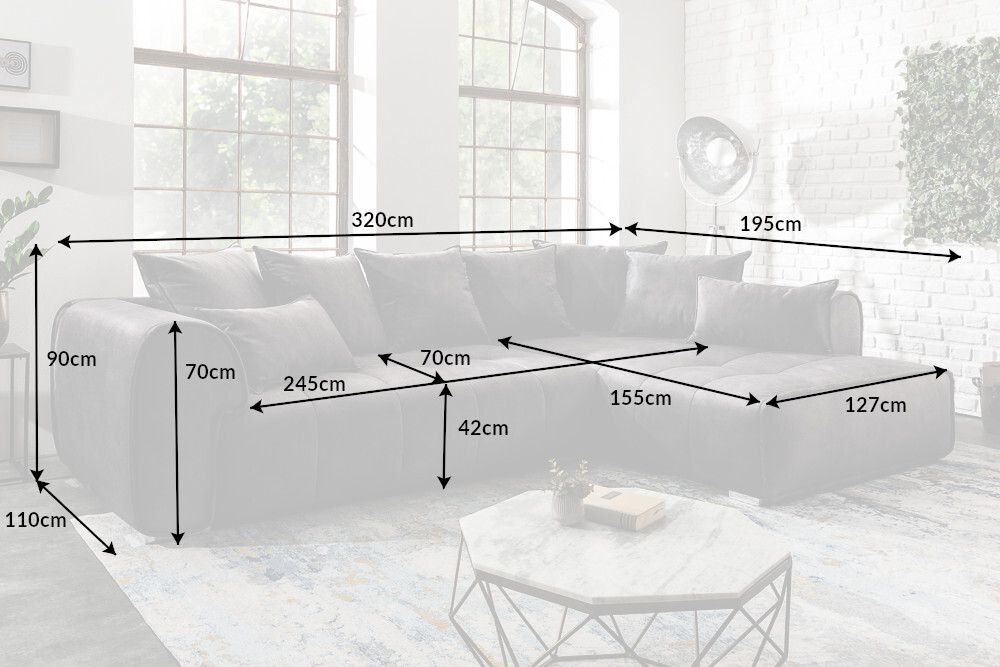 Modernes XXL Ecksofa CLAN 320cm anthrazit Samt Bigsofa inkl. Kissen