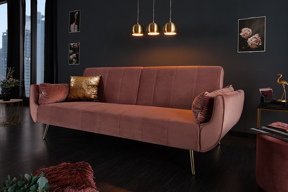 Retro Schlafsofa DIVANI 220cm altrosa Samt goldene Metallfüße 3-Sitzer mit Bettfunktion