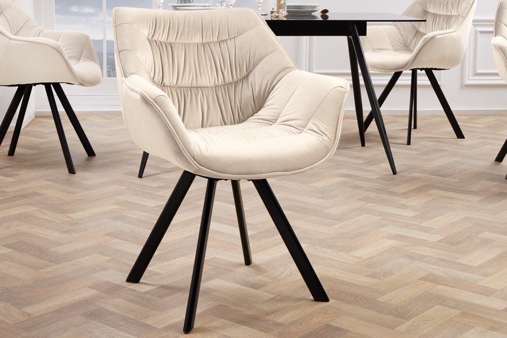 Drehbarer Stuhl THE DUTCH COMFORT champagner beige Samt schwarze Metallbeine