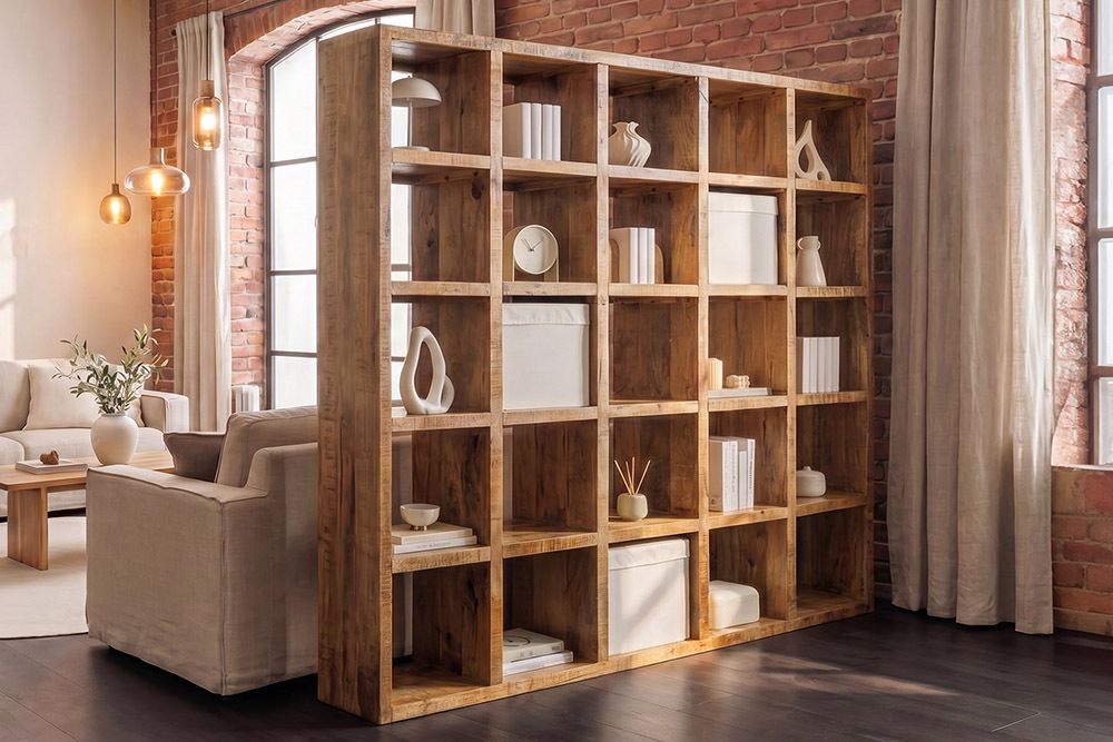 Massives Regal IRON CRAFT 200cm natur Mangoholz Bücherregal 25 Fächer