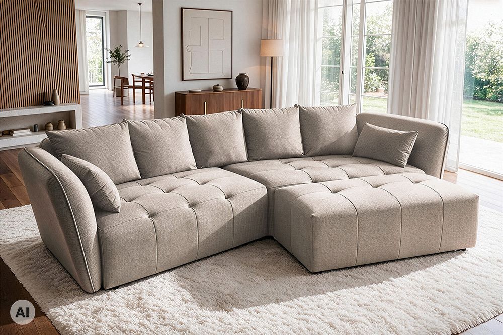 Moderner Hocker ROYAL 120cm greige Veloursstoff Federkern Sitzhocker