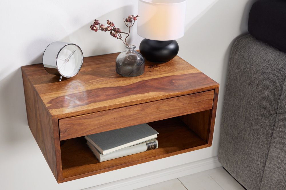 Hängender Nachttisch PURE 50cm braun Sheesham Massivholz stone finish Regal Schublade