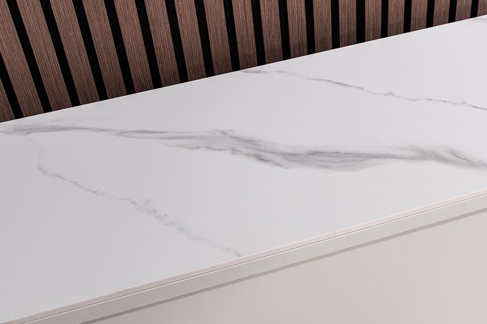 Design Highboard SAVOY 130cm kaschmir weiß Marmor Keramik mit Stauraum und 3D-Front