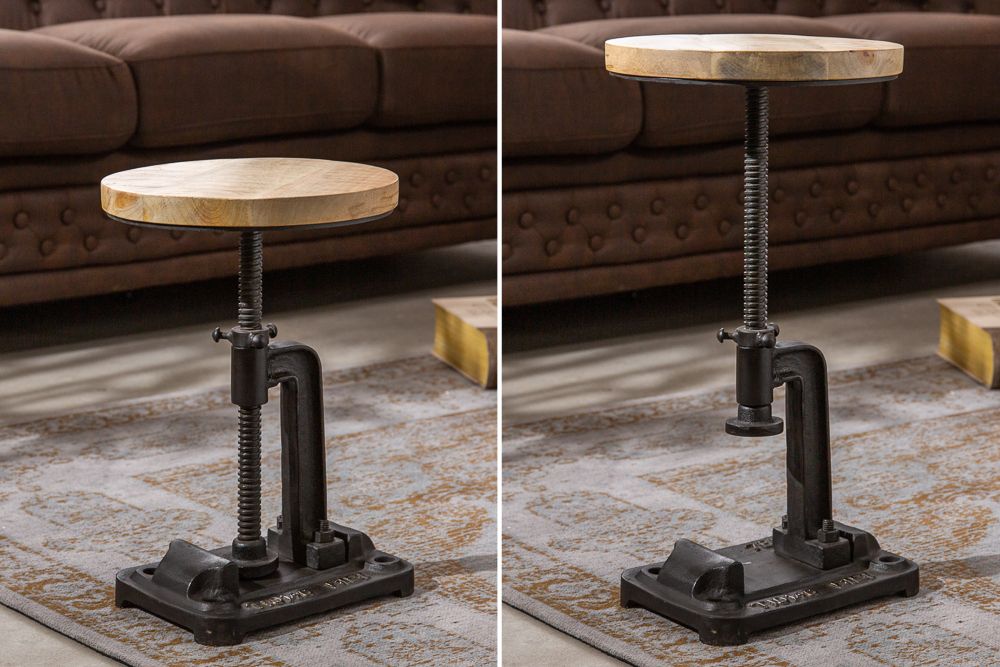 Höhenverstellbarer Beistelltisch ENGINEER 30cm Mangoholz Industrial Design massiv rund Eisen