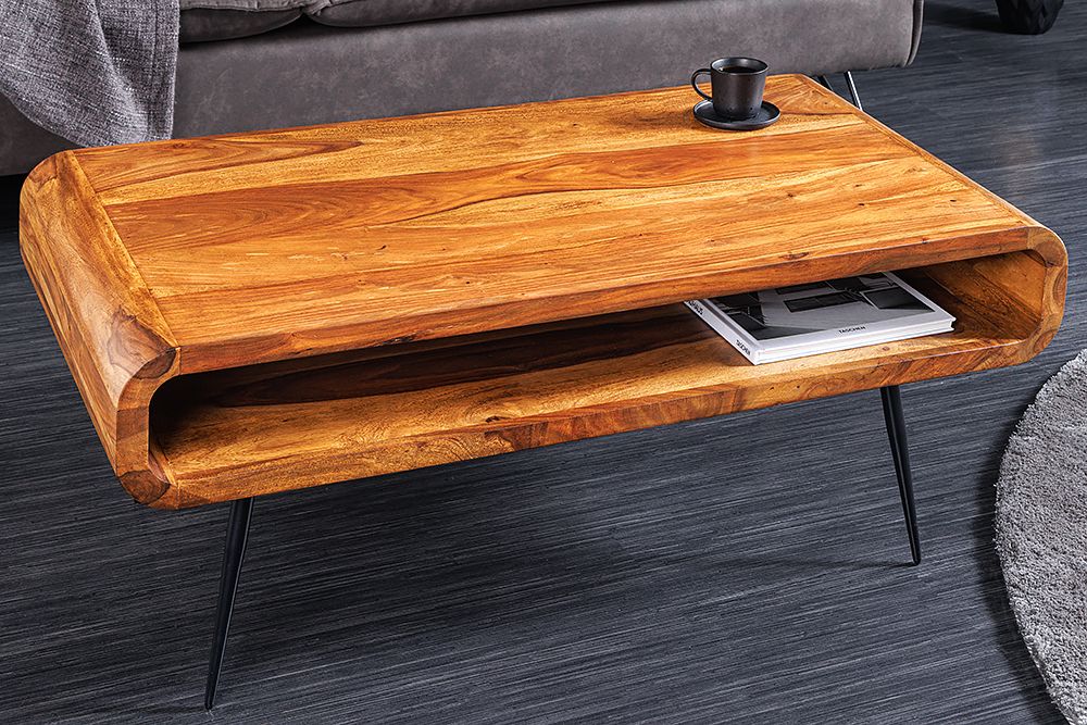 Massivholz Couchtisch ALPHA 90cm braun Sheesham stone finish Metallbeine mit Stauraum