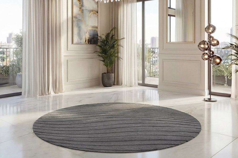 Runder Teppich WAVE 230cm anthrazit 3D strukturierter Kurzflor Indoor Hoch-Tief-Effekt