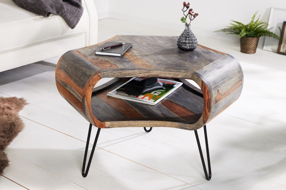 Retro Couchtisch ORGANIC LIVING 70cm grau Sheesham Massivholz mit Stauraum Hairpin Legs