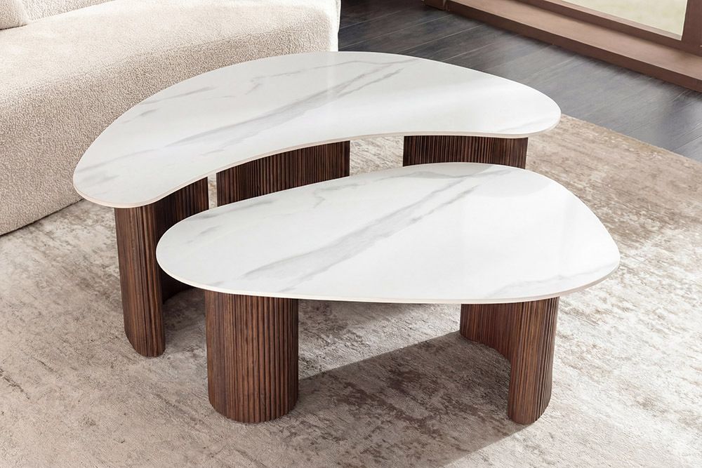 2er Set Couchtische OSAKA 120cm weiß Marmor Keramik Walnuss