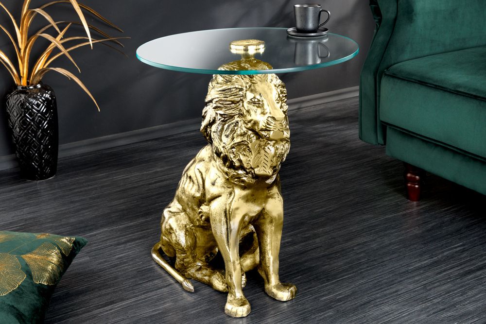 Runder Beistelltisch WILDLIFE LION 60cm gold antik Metall Glas Löwen Skulptur