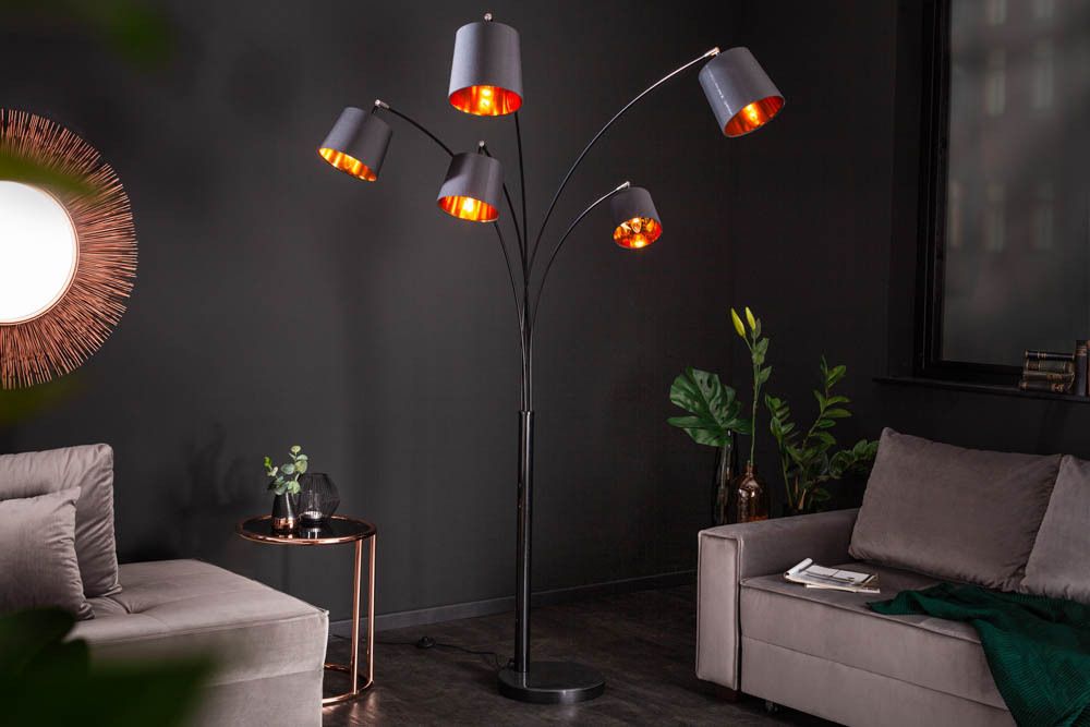 Design Bogenlampe LEVELS 205cm schwarz gold 5 neigbare Leinenschirme Stehlampe