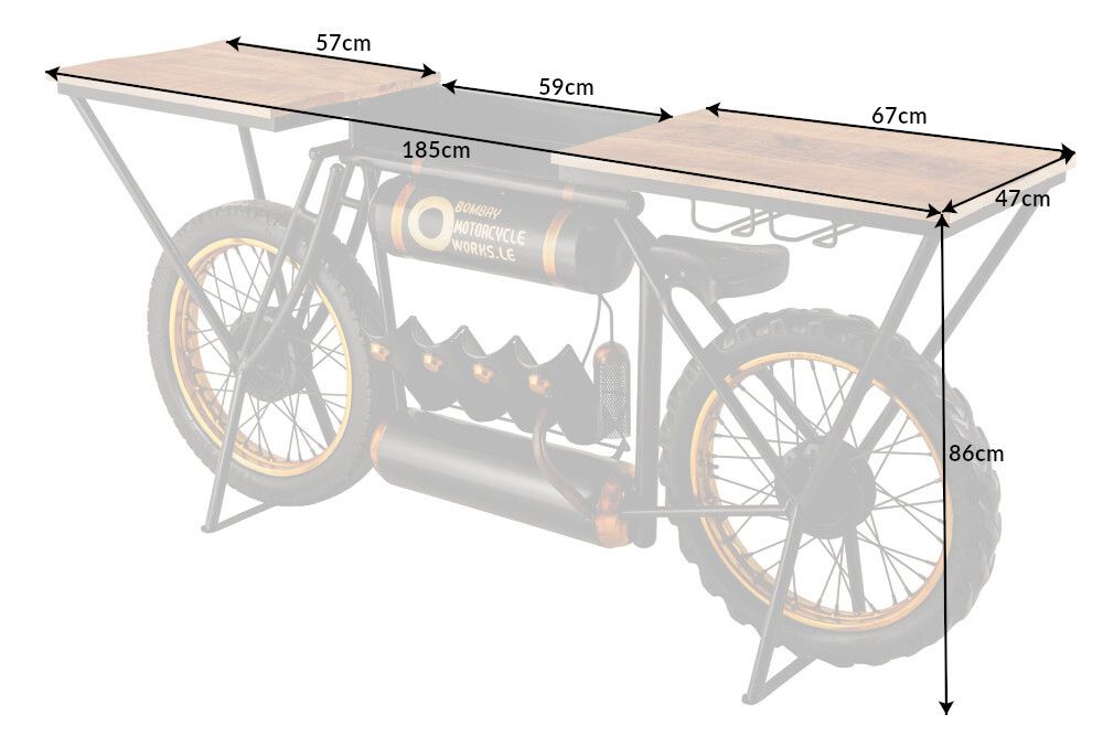 Industrial Konsolentisch MOTORCYCLE 185cm Mangoholz schwarz Motorrad Bartheke Upcycling