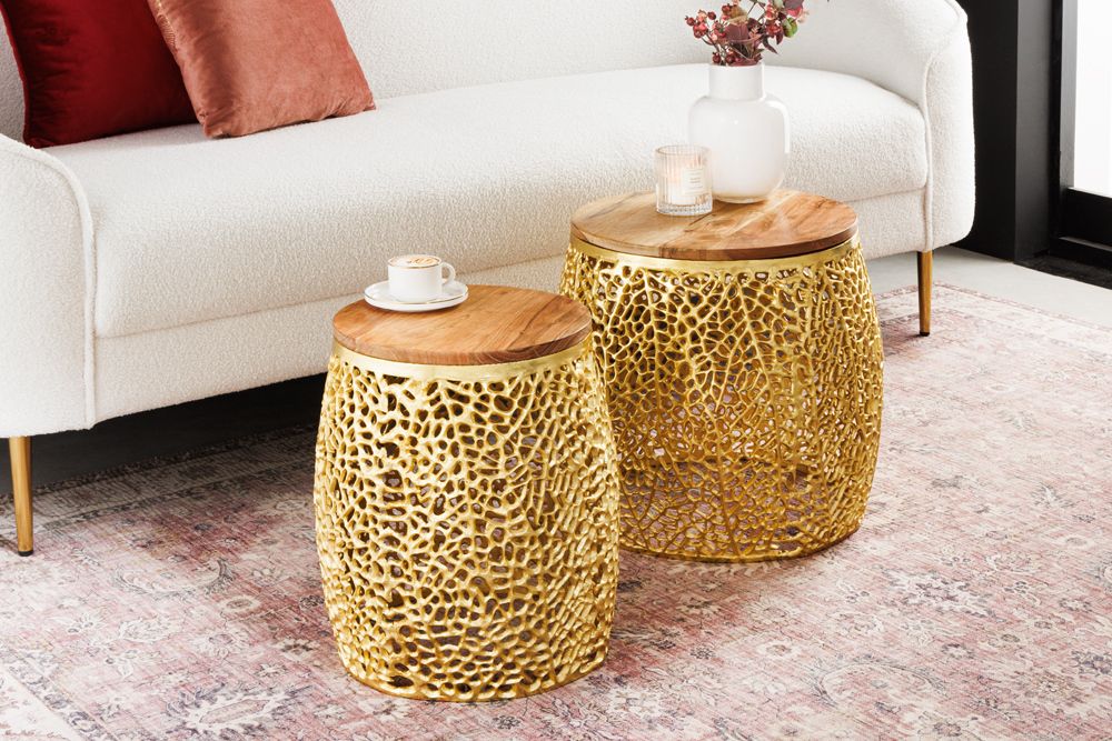 2er Set Filigraner Design Couchtisch ABSTRACT LEAF gold Akazienholz Handarbeit Metall rund
