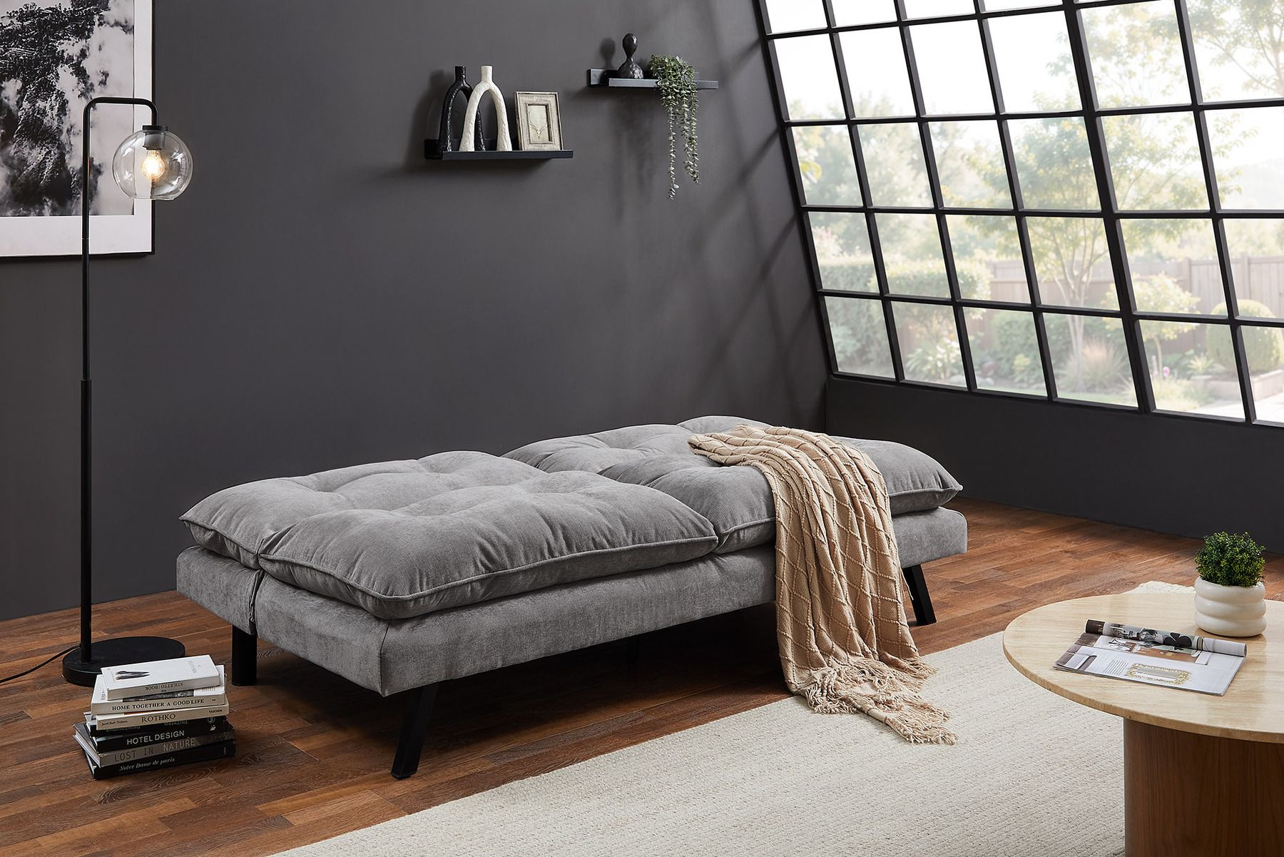 Modernes Schlafsofa COCOONING 190cm grau Chenillestoff 3-Sitzer Couch