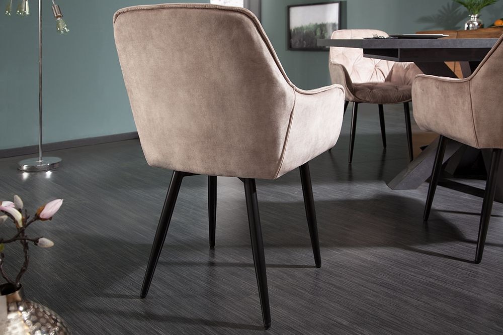 Design Stuhl MILANO champagner beige Samt mit Armlehne gepolstert schwarze Metallbeine