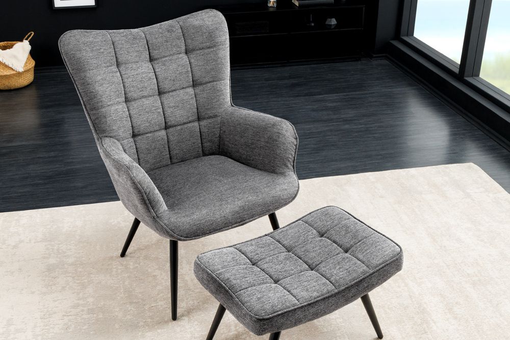Moderner Sessel SCANDINAVIA grau Strukturstoff schwarze Metallbeine mit Armlehnen