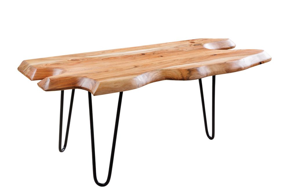 Massivholz Couchtisch WILD 100cm Akazie natur Hairpin Legs Baumkante
