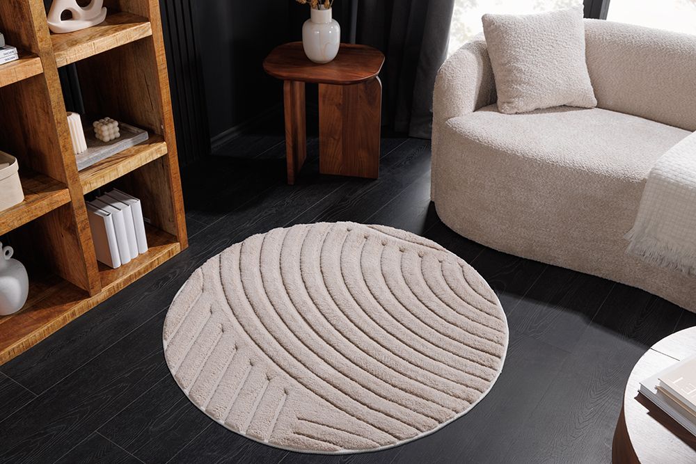 Runder 3D strukturierter Kurzflor Teppich ART DECO 80cm beige creme Hoch-Tief-Effekt
