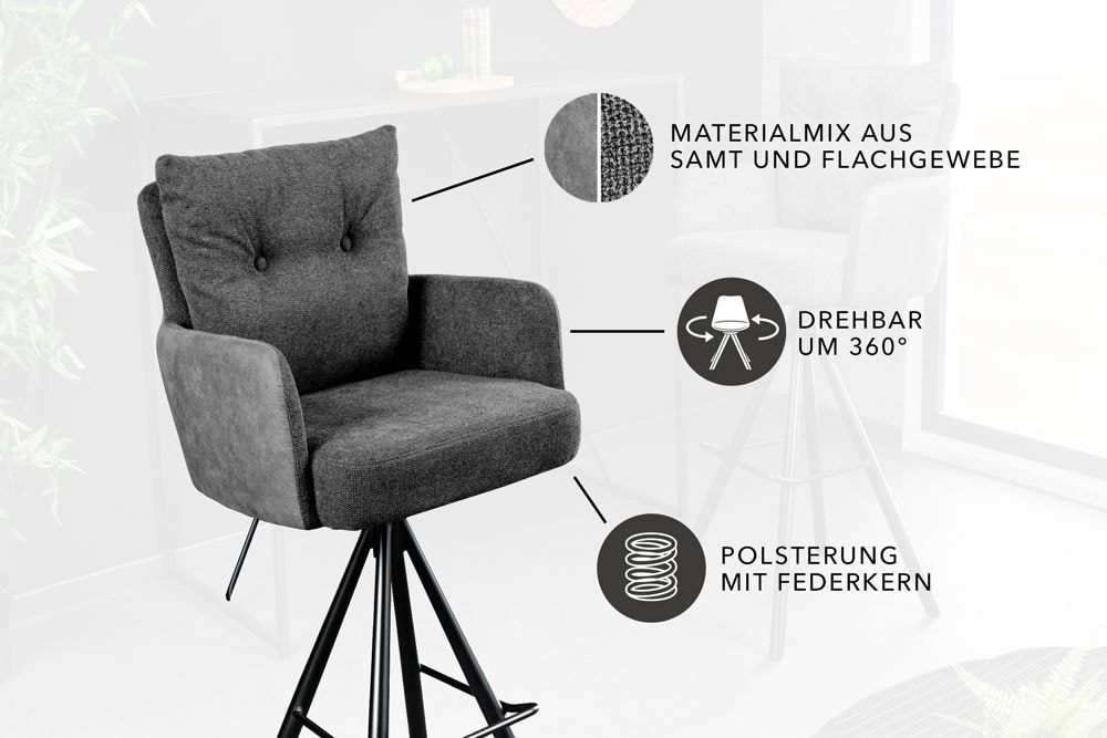 Drehbarer Design Barhocker BIG GEORGE anthrazit Samt Taschenfederkern mit Armlehnen