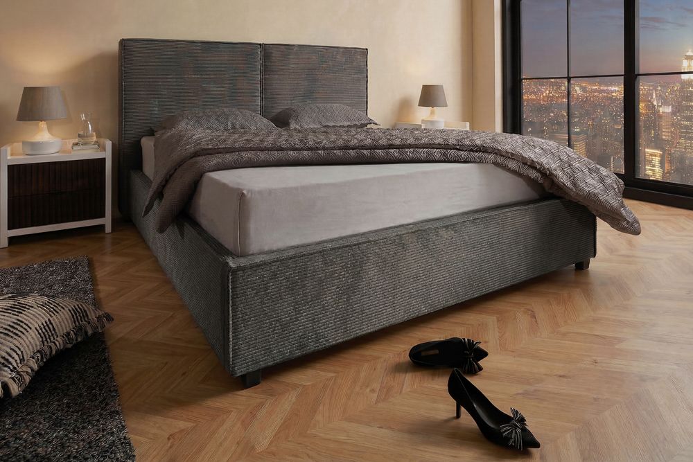 Komfortables Boxbett ROCCO 180x200cm dunkelgrau Cord mit Stauraum und Lattenrost