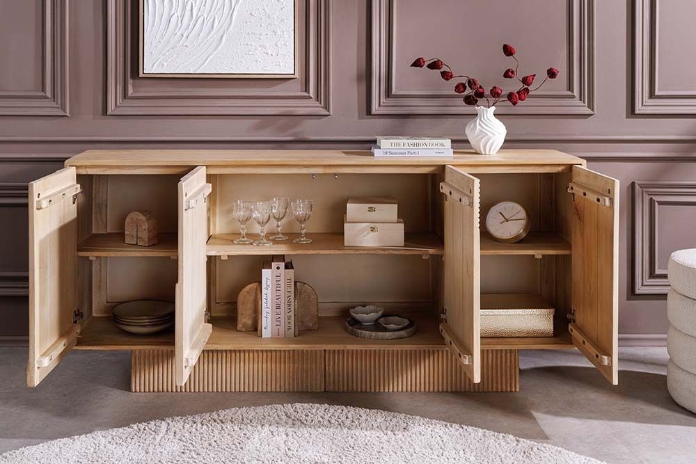 Massives Sideboard ART DECO 170cm weiß gekälkt Mangoholz 3D-Front handmade
