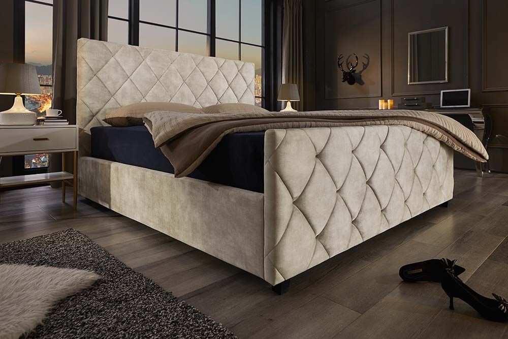 Design Boxbett ELYSIUM 160x200cm champagner beige Samt mit Stauraum und Lattenrost