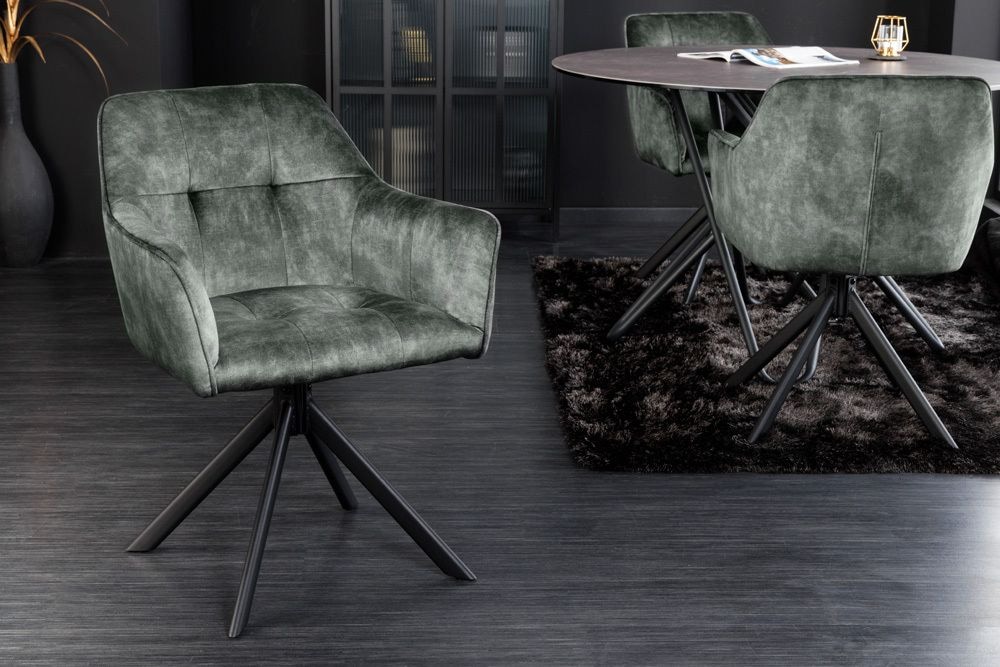 Design Stuhl LOFT grün Samt drehbar Metallgestell schwarz mit Armlehne